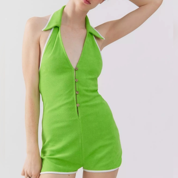 NWT Urban Outfitters Lime Green Trisha Terry Collared Halter Romper S - Picture 1 of 5